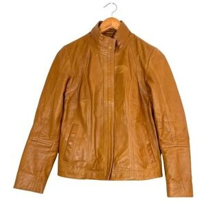 Quince Cognac Genuine Sheep Leather Jacket XS Minimal Zip Front Moto Style